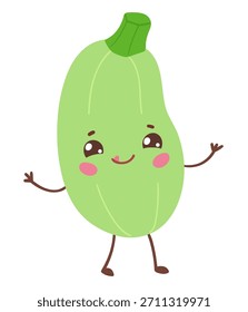Vector illustration of a cute zucchini with smiling face and green stem. Flat isolated vegetable object.