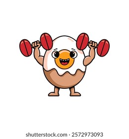 Vector illustration of a cute,egg with muscular arms and legs,  egg character is fitness with barbell