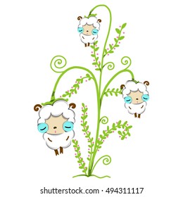 vector illustration of cute-tree-sheep cartoon drawing style