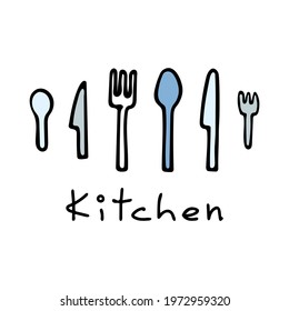 Vector illustration of cutlery in doodle style. Forks, knives and spoons. Lettering Kitchen. Icons can be used to designate a kitchen location, kitchen decor, print, textiles.