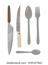 Vector illustration of cutlery, isolated on white. Knives, spoon, fork and teaspoon. Hand-drawn set in flat style. Concept of cooking, healthy eating.