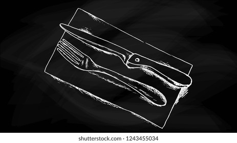Vector Illustration of Cutlery: knife, fork, napkin vintage sketch style