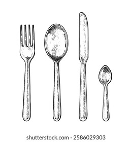 Vector illustration of a cutlery set in black and white. Hand drawn sketch of fork, knife, spoon and teaspoon with isolated background. For kitchen and tableware designs with vintage engraving style