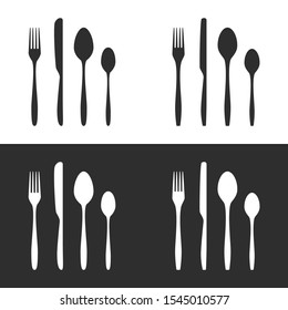 Vector illustration of cutlery silhouettes. 2 sets of fork, knife, tablespoon and teaspoon in 2 colors. Fully editable icons for menu design and your other own projects.