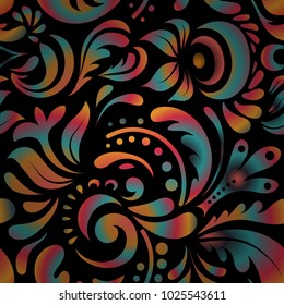 Vector illustration. Cutout paper lace texture, vector tulle background, swirly seamless pattern in orange, blue and black colors.