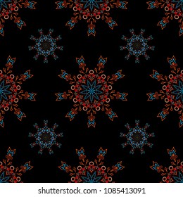 Vector illustration. Cutout paper lace texture, vector tulle background, swirly seamless pattern in orange and blue colors.