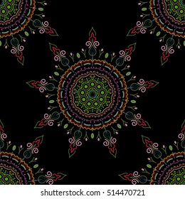Vector illustration. Cutout paper lace texture, vector tulle background, swirly seamless pattern in green, red and neutral colors.