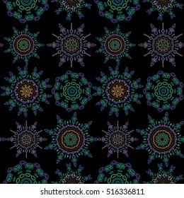 Vector illustration. Cutout paper lace texture, vector tulle background, swirly seamless pattern in violet, green and blue colors.