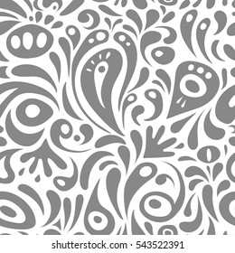 Vector illustration. Cutout paper lace texture, vector tulle background, swirly seamless pattern in gray colors.