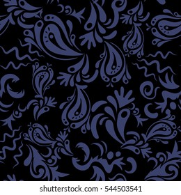 Vector illustration. Cutout paper lace texture, vector tulle background, swirly seamless pattern in violet and black colors.