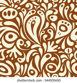Vector illustration. Cutout paper lace texture, vector tulle background, swirly seamless pattern in neutral and brown colors.
