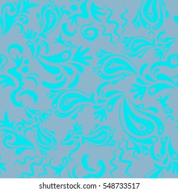 Vector illustration. Cutout paper lace texture, vector tulle background, swirly seamless pattern in blue colors.