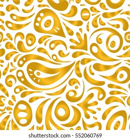 Vector illustration. Cutout paper lace texture, vector tulle background, swirly seamless pattern in white and yellow colors.