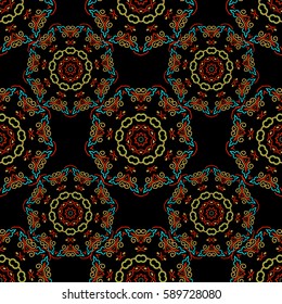 Vector illustration. Cutout paper lace texture, vector tulle background, swirly seamless pattern in green, yellow and red colors.