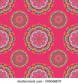 Vector illustration. Cutout paper lace texture, vector tulle background, swirly seamless pattern in pink and green colors.