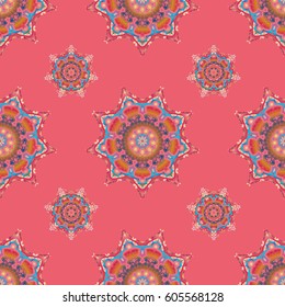Vector illustration. Cutout paper lace texture, vector tulle background, swirly seamless pattern in blue, pink and green colors.