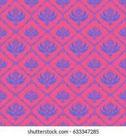 Vector illustration. Cutout paper lace texture, vector tulle background, swirly seamless pattern in pink and blue colors.