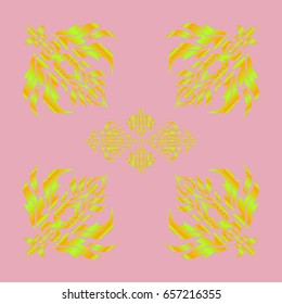 Vector illustration. Cutout paper lace texture, vector tulle background, swirly seamless pattern in green, yellow and pink colors.