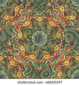 Vector illustration. Cutout paper lace texture, vector tulle background, swirly seamless pattern in orange, yellow and green colors.