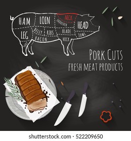 Vector illustration of cuts of pork on chalk board with flat icons. Fresh food and materials on kitchen table in flat style. Top view