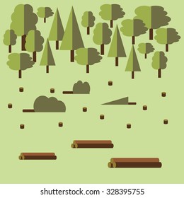 Vector illustration. Cutting down and exploiting of trees in forest