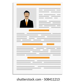 Vector illustration cv or resume design template with man photo. Curriculum vitae icon. 