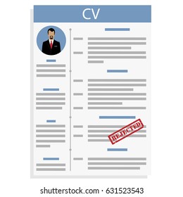 Vector illustration CV or resume design template with man photo. Curriculum Vitae icon.