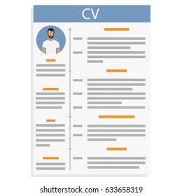 Vector illustration CV or resume design template with man photo. Curriculum Vitae icon.