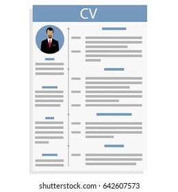 Vector illustration CV or resume design template with man photo. Curriculum Vitae icon.