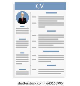 Vector illustration CV or resume design template with man photo. Curriculum Vitae icon.