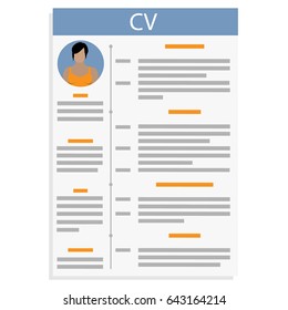 Vector illustration CV or resume design template with woman photo. Curriculum Vitae icon.
