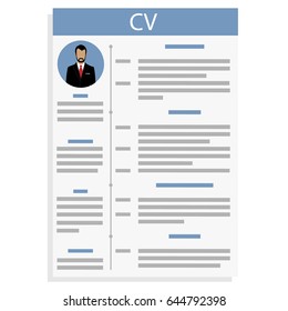 Vector illustration CV or resume design template with man photo. Curriculum Vitae icon.