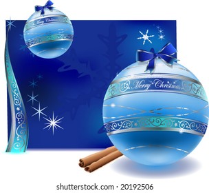 vector illustration of cyan flat glass balls with silver floral decoration ( with cinnamon and greeting card)