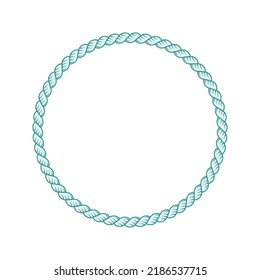 Vector Illustration Of Cyan Green Colored Braided Rope Circle. Round Or Circular Cord With Bristles Frame. Realistic Lasso Nautical Border On A White Background.