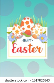 Vector illustration cyan Happy Easter background with realistic Easter eggs and spring flowers. Easter card, poster, invitation, banner. Three eggs with a pattern, color, grass and lettering inscription.