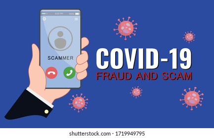 Vector illustration of cyber criminal activity during Covid19 outbreak. Phishing, spam, fraud, scam and malware via fake call, phishing, social engineering. Pandemic scammer.