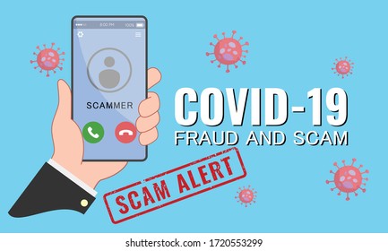 Vector Illustration Of Cyber Criminal Activity During Covid19 Outbreak. Phishing, Spam, Fraud, Scam And Malware Via Fake Call, Phishing, Social Engineering. Pandemic Scammer.