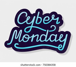 Vector illustration of Cyber Monday lettering text for card/ banner. Handwritten calligraphy Cyber monday tag/ badge template. Lettering typography illustration. Sale Discount Banner Label style. 