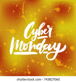 Vector illustration of Cyber Monday text for card/ banner. Handwritten calligraphy Cyber monday tag/ badge template. Lettering typography illustration