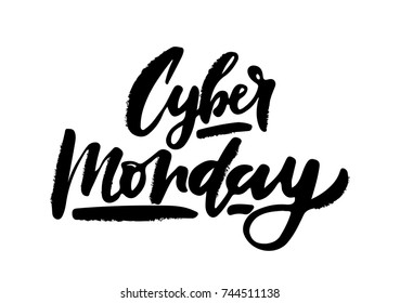 Vector illustration of Cyber Monday text for card/ banner. Handwritten calligraphy Cyber monday tag/ badge template. Lettering typography illustration