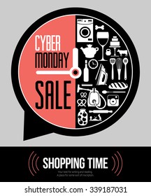 Vector illustration of Cyber Monday - the time of the sales. Poster style big sales. Flat vector design.
