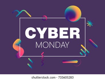 Vector illustration for cyber Monday. White inscription among flying geometric fluid shapes and frame on dark blue background.