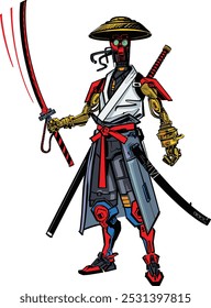 vector illustration of the cyber samurai with katana sword