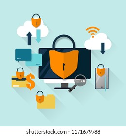 Vector illustration of cyber security concept background. Safety business on mobile connection, technology, web services protection, flat design. 