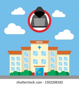 Vector Illustration Of Cyber Security Threats At Hospital. Flat Design. Healthcare Data Breach Concept. HIPAA Compliance. Cyber Crime.