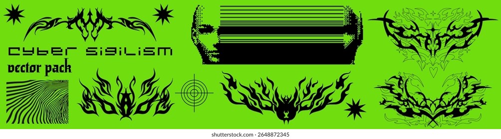 Vector illustration in cyber sigilism style with tribal black shapes, starbursts, techno face art, optical illusion lines on neon green. Features contemporary, digital, Y2K-inspired graphic elements.