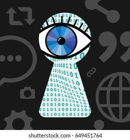 vector illustration of cybercrimes icons set for malicious software programs and harming behavior in internet with keyhole and eye for privacy breaking concepts 