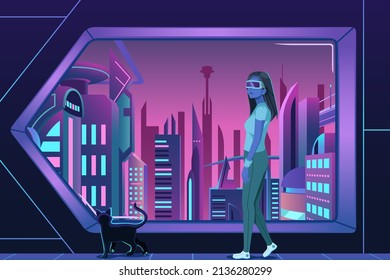 A vector illustration of  Cyberpunk Girl Futuristic Cityscape 