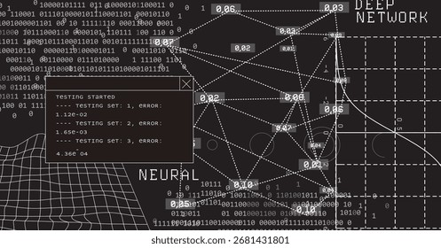 Ilustración vectorial en estilo cyberpunk y tech. El tema son las redes neuronales y el aprendizaje profundo, utilizando negro, blanco y gris, con código binario, gráficos, cuadrículas, números y líneas y nodos de conexión.