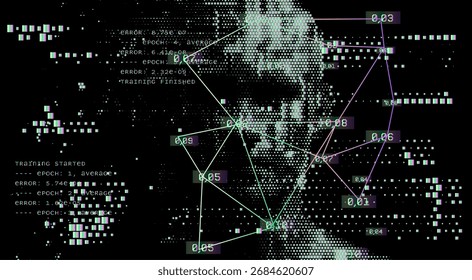 Ilustración vectorial en un estilo cyberpunk y tecnológico. Tema: red neuronal y aprendizaje profundo. Colores verde neón y negro, cara humana digital formada por código, texto, cuadrículas y Elementos abstractos.